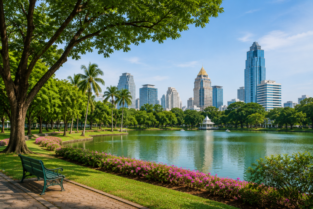 Scenic Lumphini Park Thailand with peaceful lake, lush gardens, and Bangkok skyscrapers