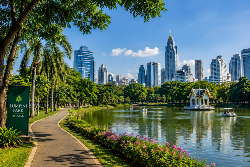 Lumphini Park Bangkok with scenic lake, lush greenery, walking paths, and Bangkok city skyline