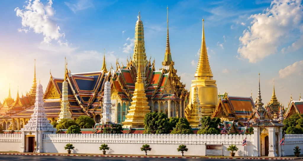 Grand Palace Bangkok with ornate Thai temples, golden spires, colorful roofs, and traditional architecture under a blue sky